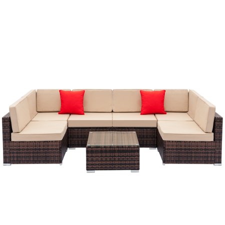 Backyard Pool And Patio Ideas Wicker Patio Dining Set, 7-Piece Wicker Patio Furniture Conversation Set w/ Coffee Table Patio Sofa, All-Weather Rattan Sofa Sectional Furniture Set, Outdoor Couch Set for Backyard Pool, Brown, W2216 ()