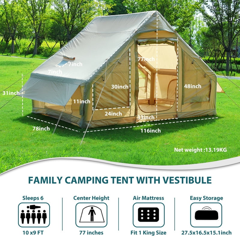 Inflatable Camping & Glamping Tent for Adults, Quick-Setup Blow-Up Tent with Air Pump, 2-in-1 Valve, Chimney Port, Waterproof & Windproof (68SF)