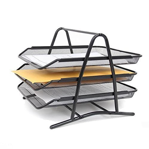 Black Mesh Steel 3 Tier Document Paper Sliding Trays, Stackable Letter Size Trays Desktop Organizer. By Mega Stationers