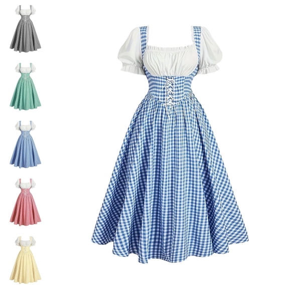 Levmjia Women's Oktoberfest Dress Plus Size Gingham Checkered Dirndl Lace Up Front Puff Sleeve Square Neck Bavarian Costume for Women Beer Festival Autumn Dress
