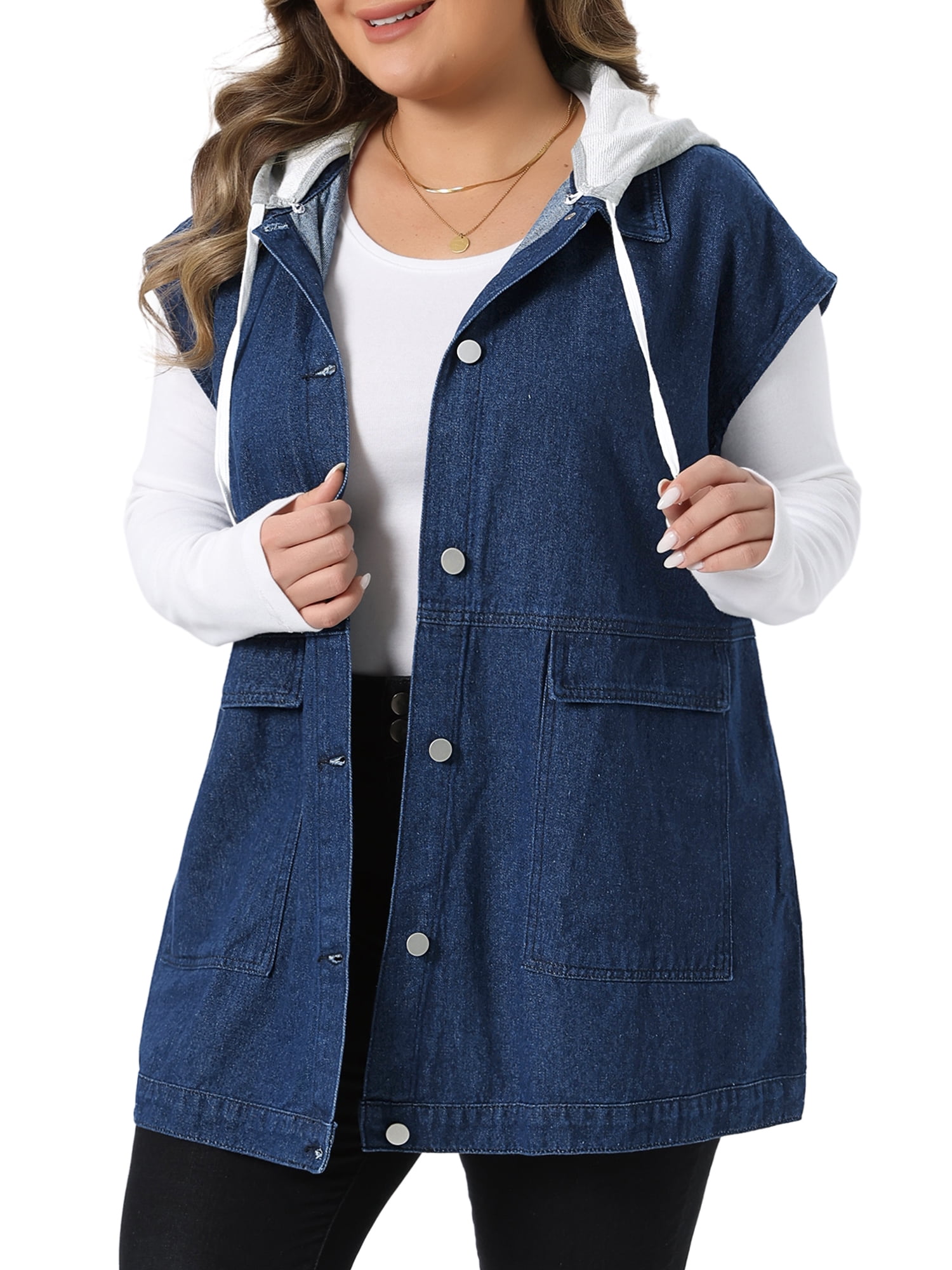 DARING DIVA Women's Plus Drawstring Hood Casual Denim Vest 2X Dark Blue