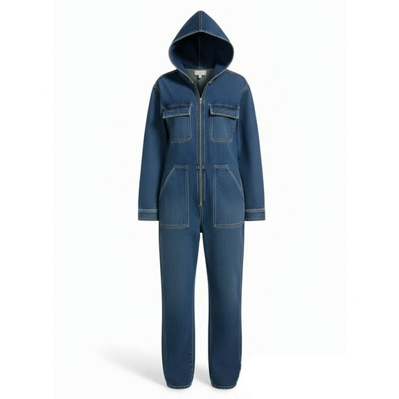 FNFYFH Long Sleeve Denim Jumpsuit for Women Wide Leg Soft Jean Onesie Loose Fit Hooded Jean Rompers One Piece Outfit with Pockets