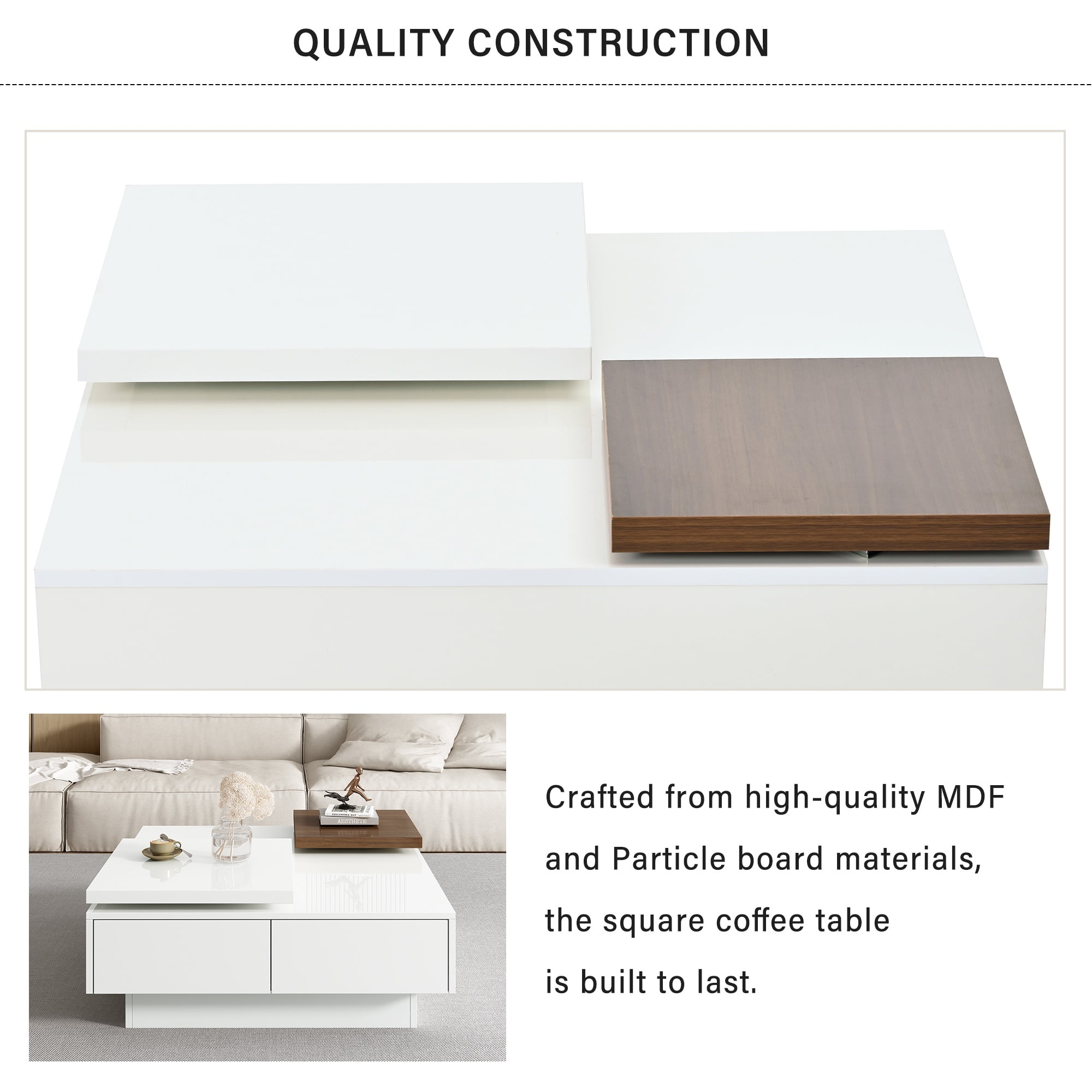 PORKISS Coffee Table, Wooden Coffee Table with Movable Top and High Gloss Finish, Freestanding Square Coffee Table with 4 Hidden Storage Drawers, Modern Cocktail Table for Living Room, White