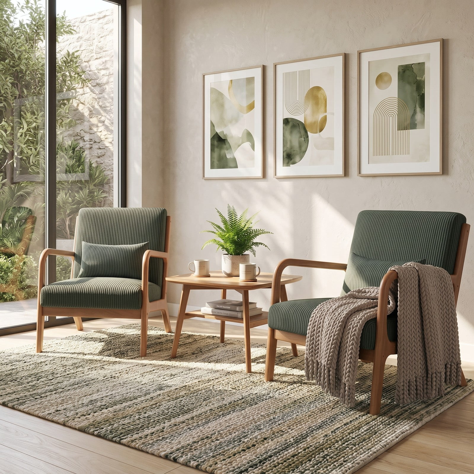 Furnibear Accent Chair, Corduroy Upholstered Lounge Chair with Lumbar Pillow, Ergonomic 105-Degree Backrest, Solid Wood Frame Armchair for Living Room Bedroom, Green