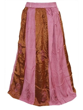 Mogul Women's Long Skirt Pink Embroidered A-Line Elastic Waist Skirts