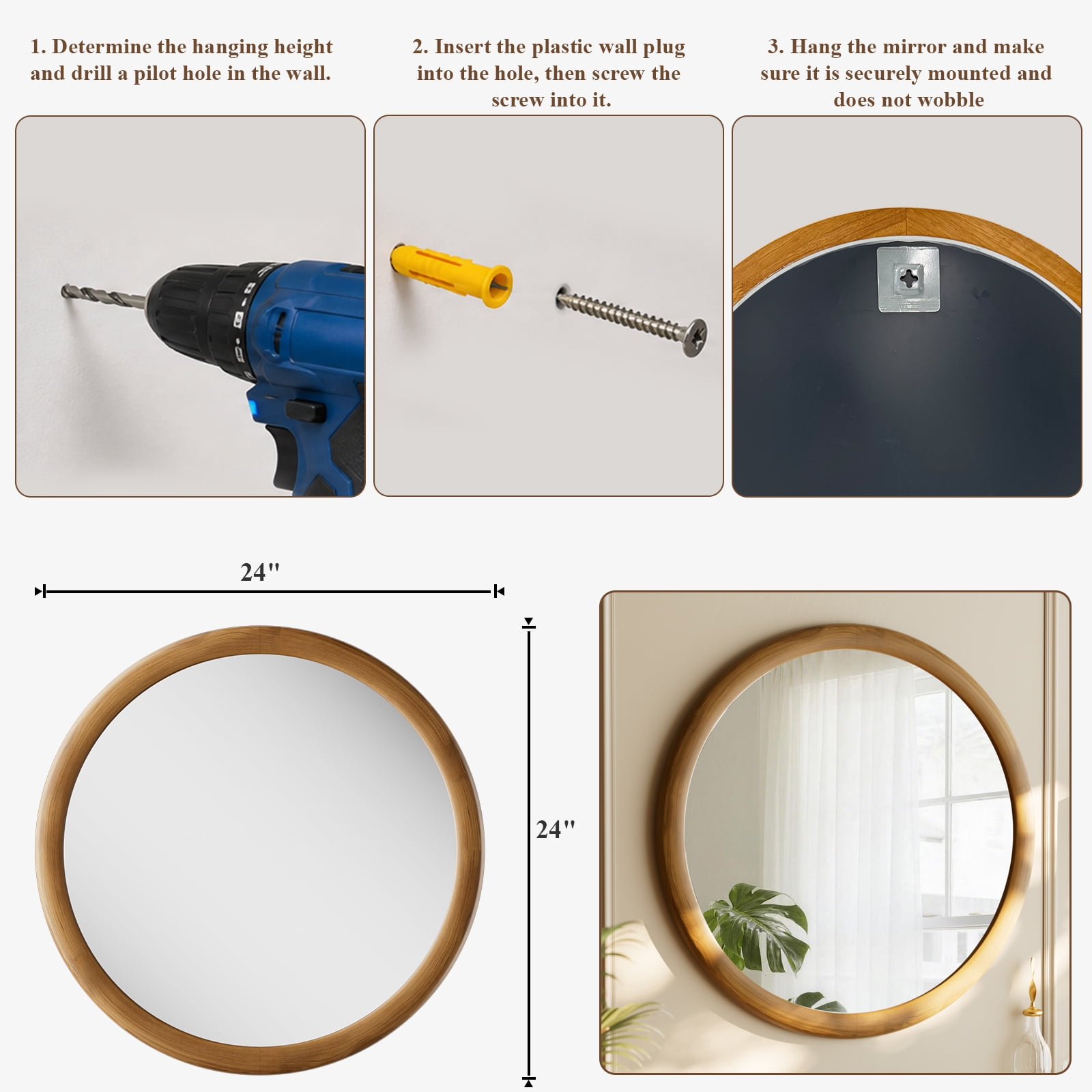 Easy4Home 24" x 24" Round Bathroom Mirror Wall Decor with Wooden Frame, Natural Wood