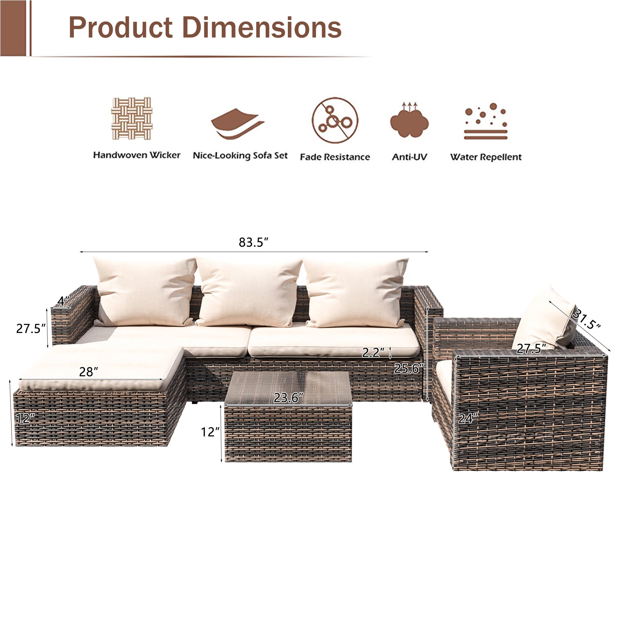Rattan Patio Sofa Set, 4 Pieces Outdoor Sectional Furniture Set, All-Weather PE Rattan Wicker Patio Conversation Set, Cushioned Sofa Set with Glass Table for Patio Garden Poolside Deck