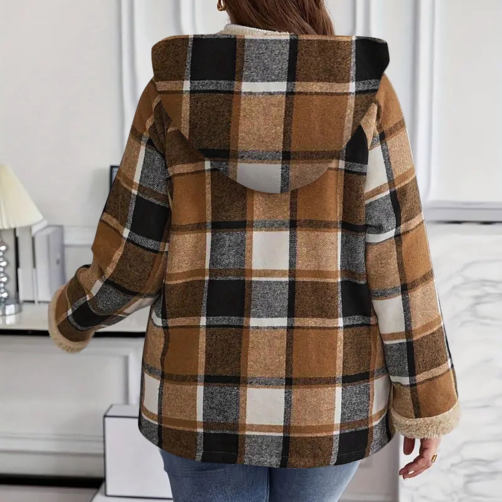 Womens Winter Coats Plaid Woolen Full-zip Hooded Jackets with Sherpa Lined Thick Warm Faux Shearling Outerwear (XL, Khaki)