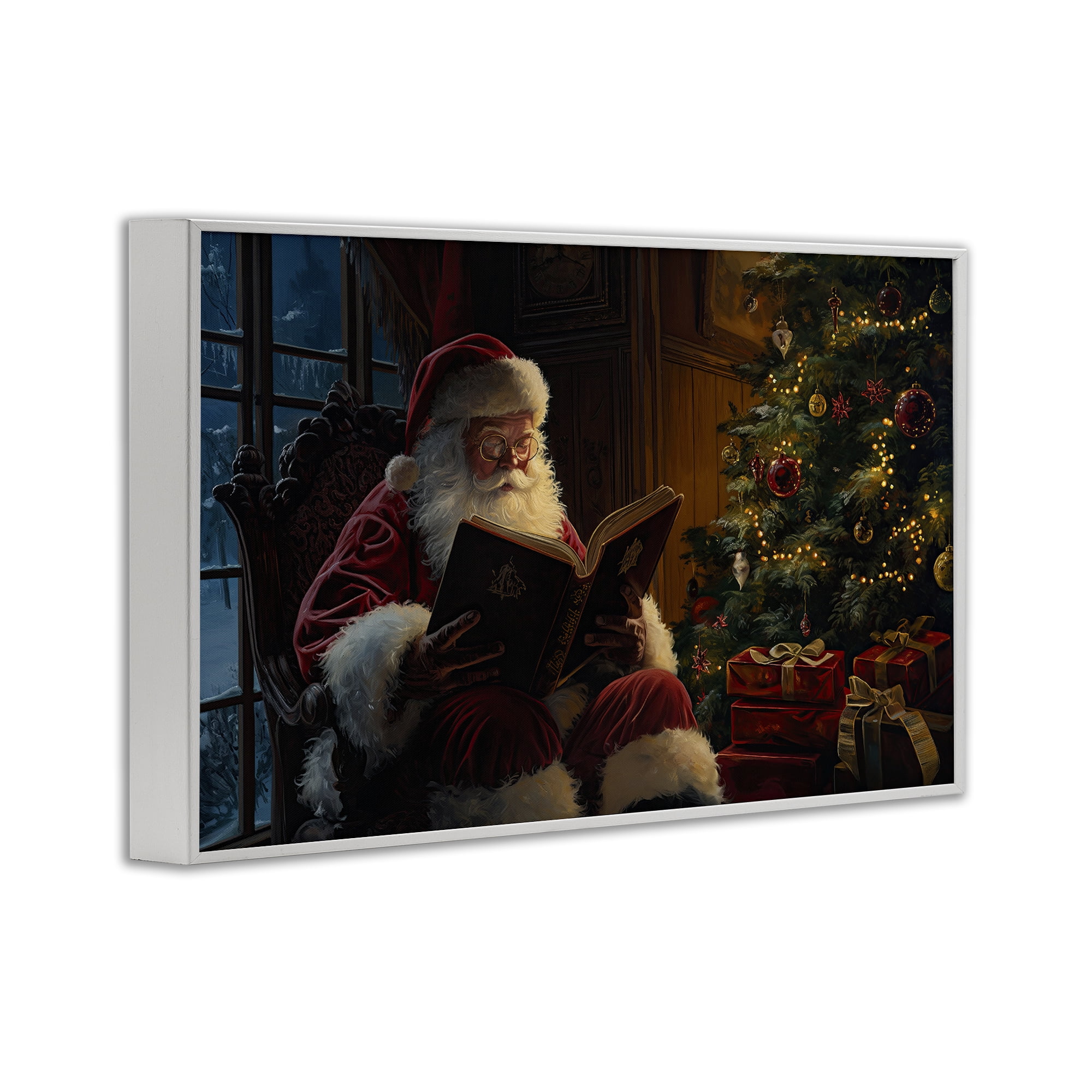 Stupell Industries Santa Reading by Tree Holiday Painting White Framed Art Prints Wall Art, 18 x 12