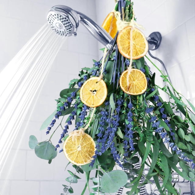 Ramo de 5 tipos de flores secas de eucalipto y lavanda para ducha, de 4,5 a 5,2 m, con hojas de eucalipto naturales, frescas y preservadas, y limón para colgar.