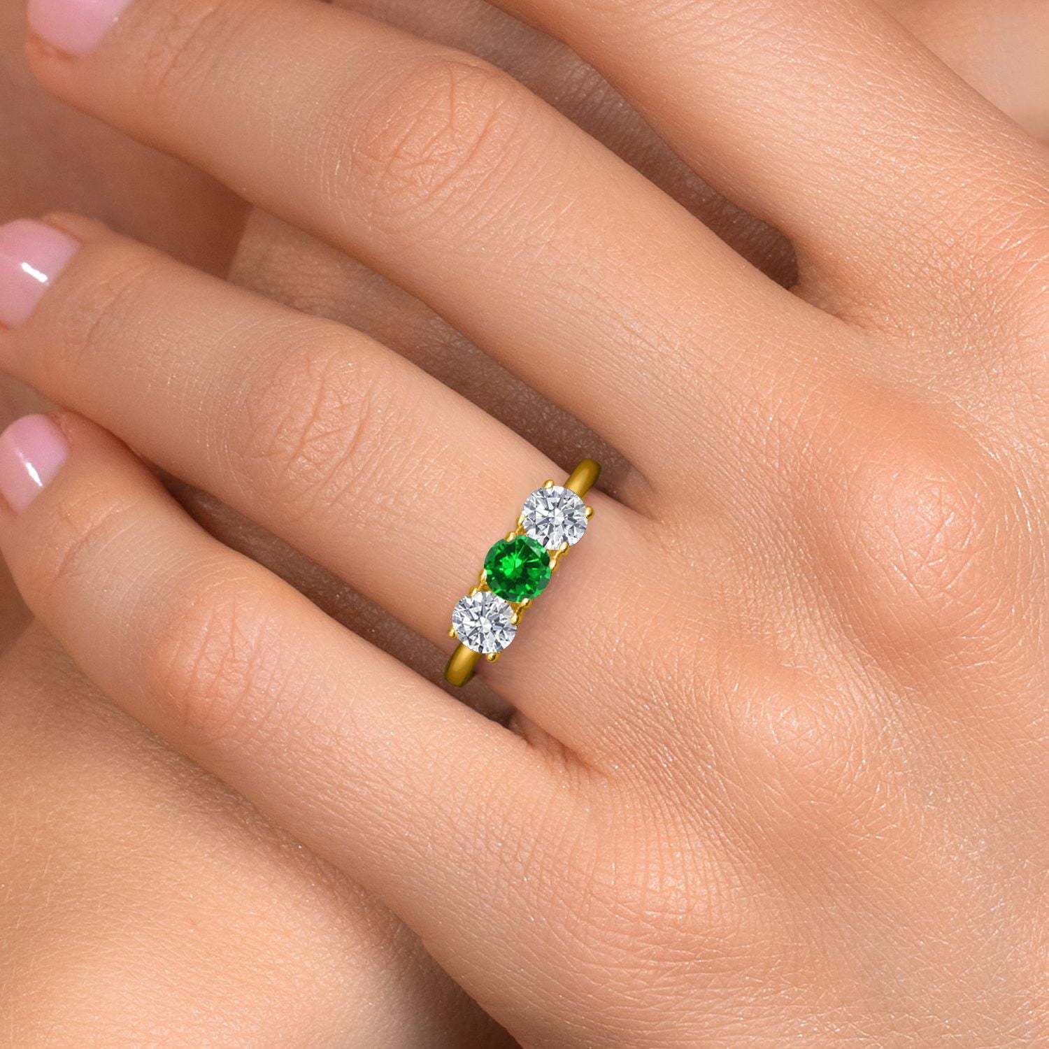 Gem Stone King 18K Yellow Gold Plated Silver Green Created Emerald and Lab Grown Diamond Engagement Ring for Women | 1.84 Cttw | Round 5MM | Gemstone May Birthstone | Size 8