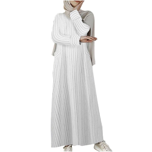 Robe Maxi en Coton et Lin pour Femmes à Rayures Manches Longues Décontractée Ample Robe Longue Tendance Confortable Col Rond avec Poches