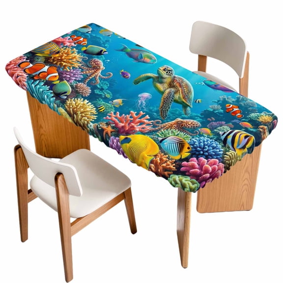 Ocean Sea Turtle Table Cloths for 5 Foot Rectangle Tables, Blue Coastal Fish Coral Jellyfish Marine Life Patio Waterproof Elastic Fitted Tablecloths, Washable Rectangular Table Cover for Camping