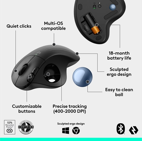 Logitech ERGO M575S Wireless Ergonomic Trackball Mouse for PC/Mac
