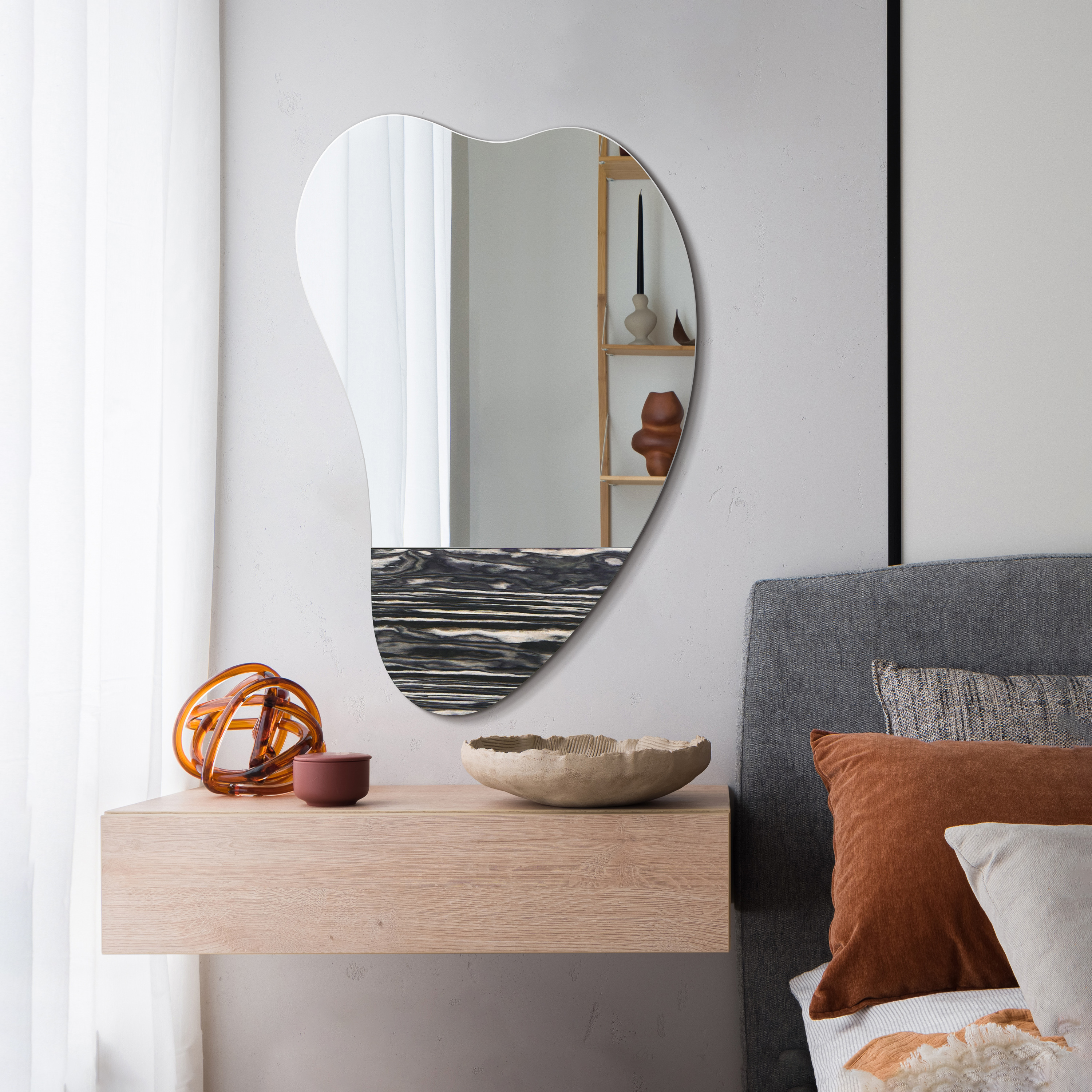 "Curved Harmony Wall Mirror", 36"x24" Irregular Frameless Mirror Featuring Exotica Stained Veneer Accents