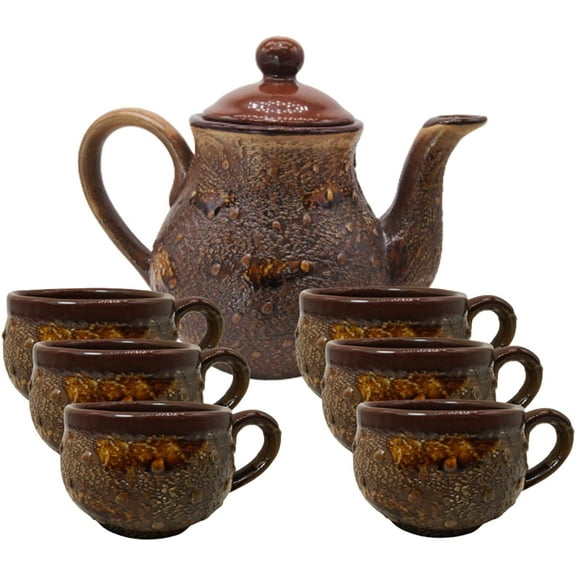 India Meets India Dark Brown Ceramic Tea Pot Kettle 27 Oz Set of 6 Ceramic Tea Cups Emboss design Indian Handicraft Perfect Gift Pack