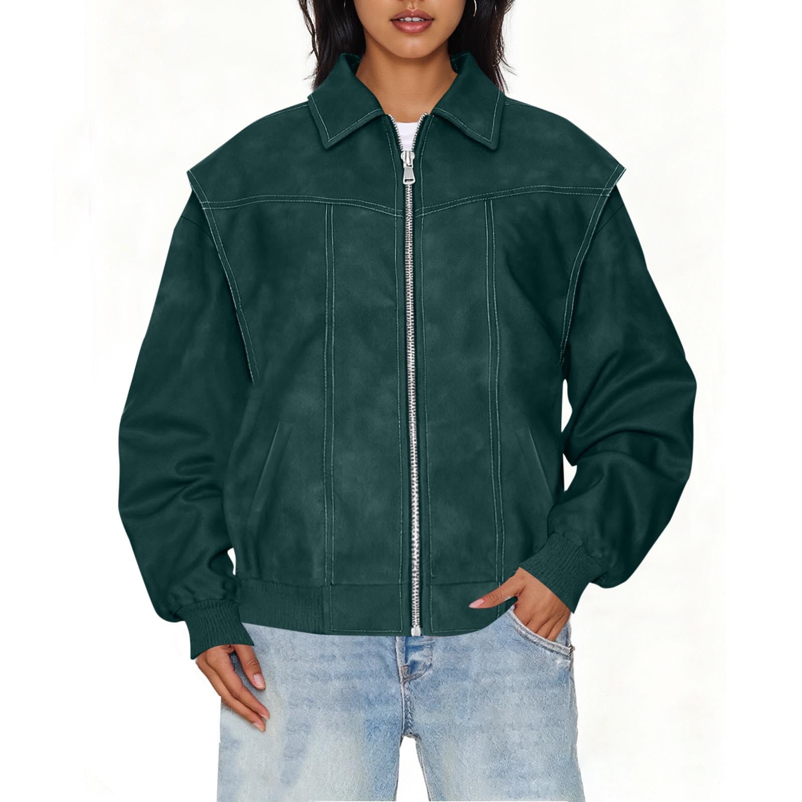 IROINNID Women's Faux Leather Jacket Long Sleeve Front Zip Pocket Biker Moto Jacket