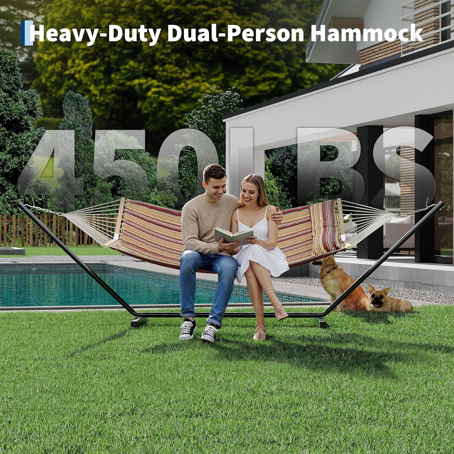 Garvee Double Hammock with Stand, Heavy Duty with Balance Rope, Red & Yellow Stripes
