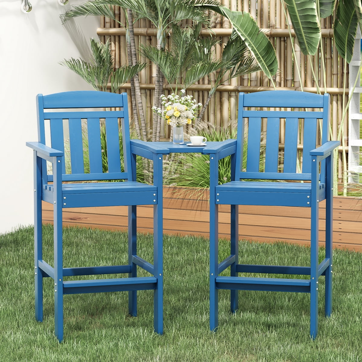 2-Pack Bar Height Adirondack Chairs - HDPE All Weather Patio Bar Stools with Connecting Tray, Ideal for Balcony, Poolside & Backyard