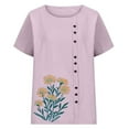 thumbnail image 4 of Linen Shirts for Women Crew Neck Short Sleeve Floral Graphic Tees Casual Loose Fit Buttons Breathable Boho Summer Vacation Tunic Tops, 4 of 5