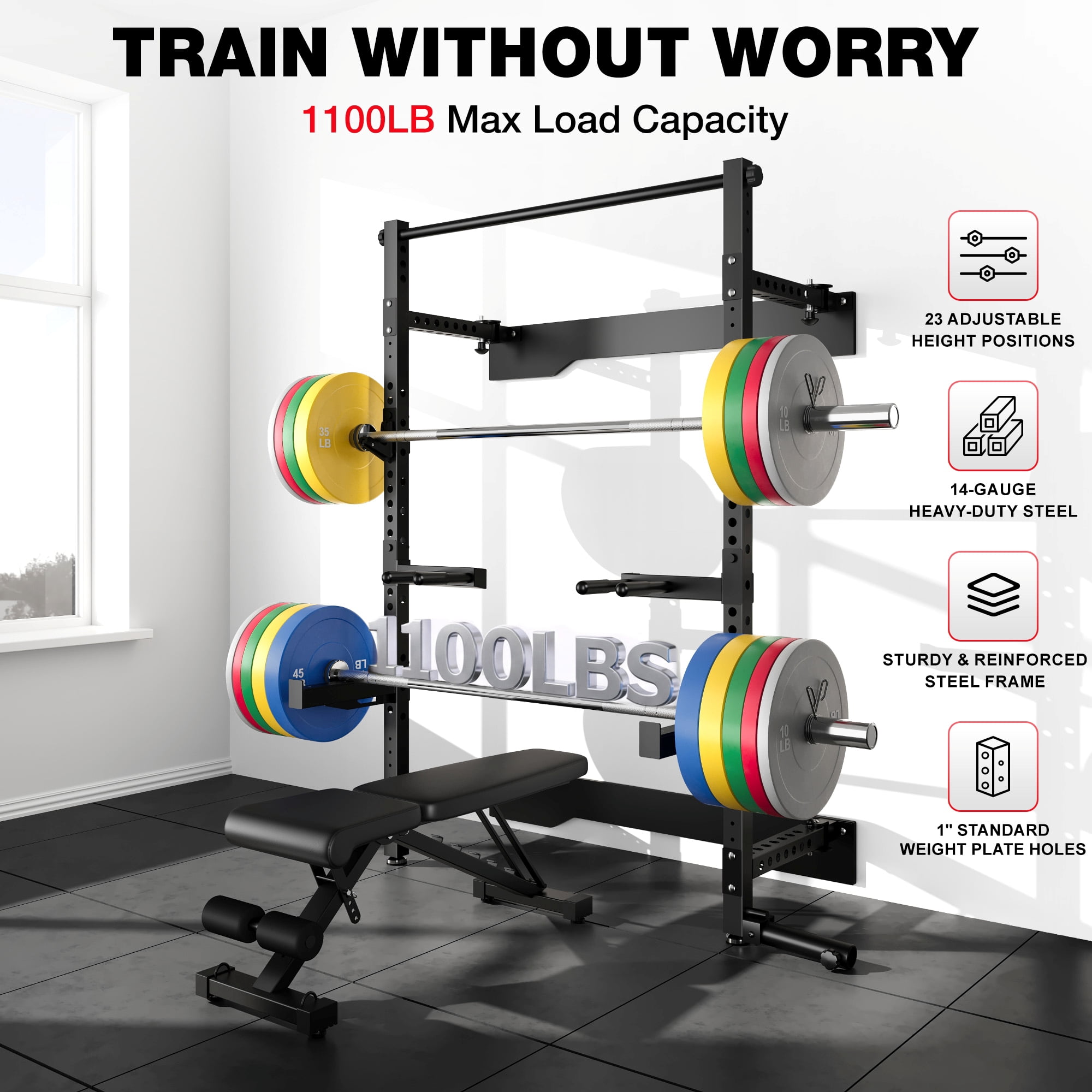 Folding Wall Mounted Squat Rack,1000 lbs Capacity Power Rack for Home Gym,Space-Saving Foldable Squat Rack with Pull-Up Bar & Landmine,Heavy-Duty 2.36" x 2.36" Steel Frame Power Cage