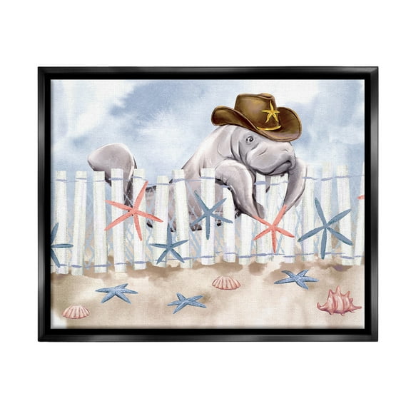 Stupell Industries Manatee in Cowboy Hat Animals & Insects Painting Black Floater Framed Canvas Art Print Wall Art, 21 x 17