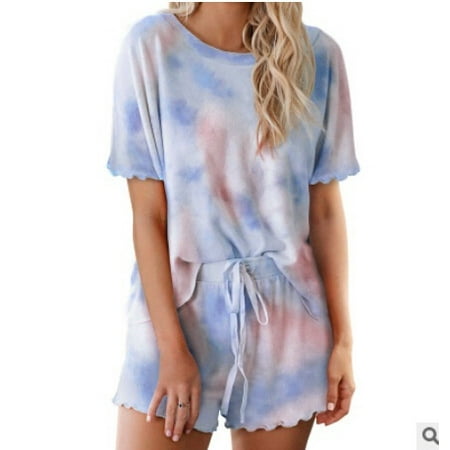 

Women Pajama 2pcs Set Tie Dye Pattern Top + Pants Sleepwear Nightwear
