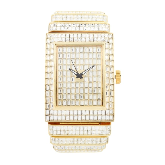 Luxury Iced Out Round watch or Bling-ed Out Baguette-Cut Rectangular Watch with Crystal Diamond watch Pave Design (ST10627 Gold)