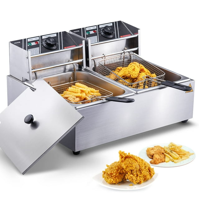 VEVOR Freidora comercial, freidora eléctrica de encimera de 3000 W con doble tanque con cesta, freidora de aceite de acero inoxidable doble de 2 x 9,1 qt/8,6 L, con control de temperatura y protección
