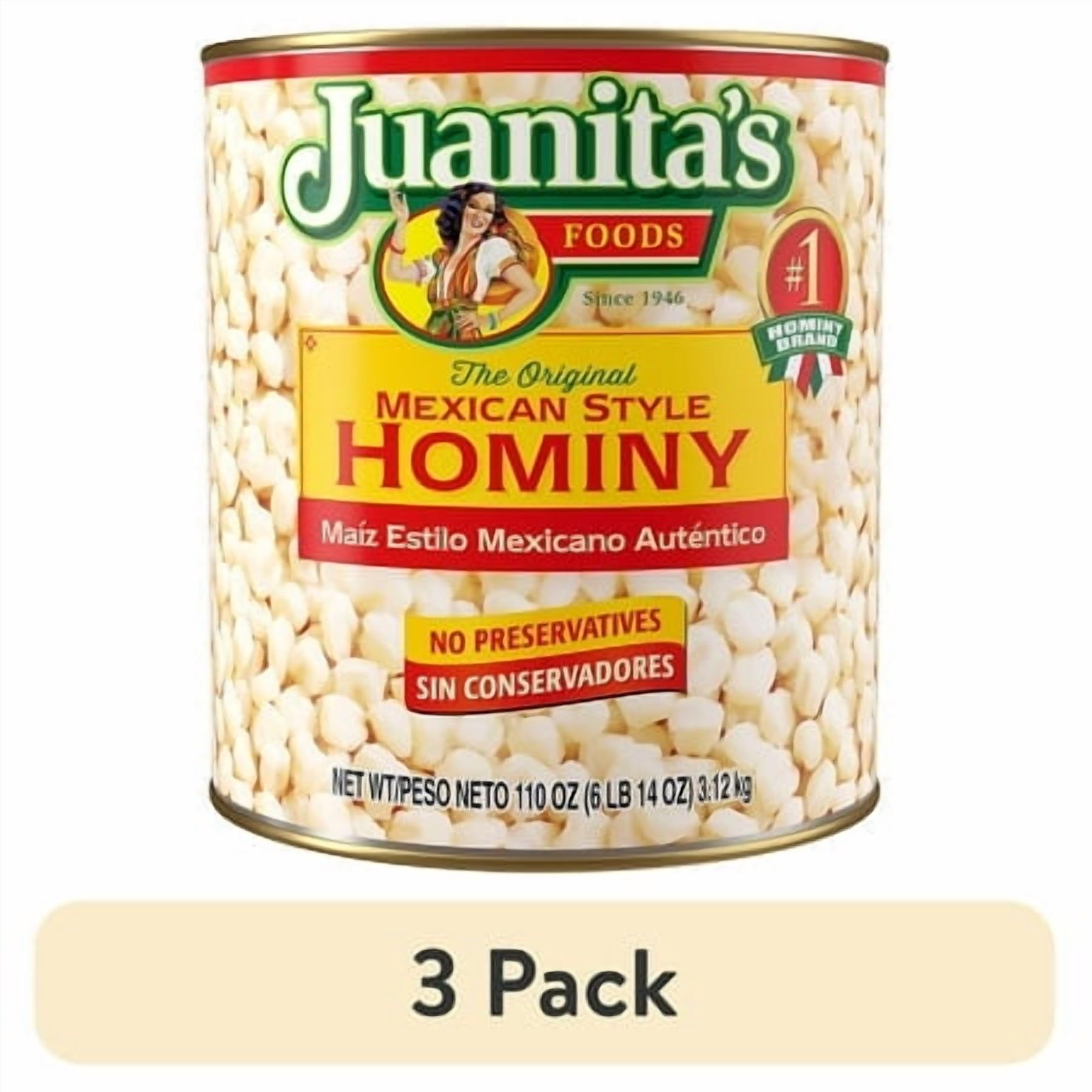 (3 pack) Juanita’s Foods Mexican Style Hominy, 110 oz, Can