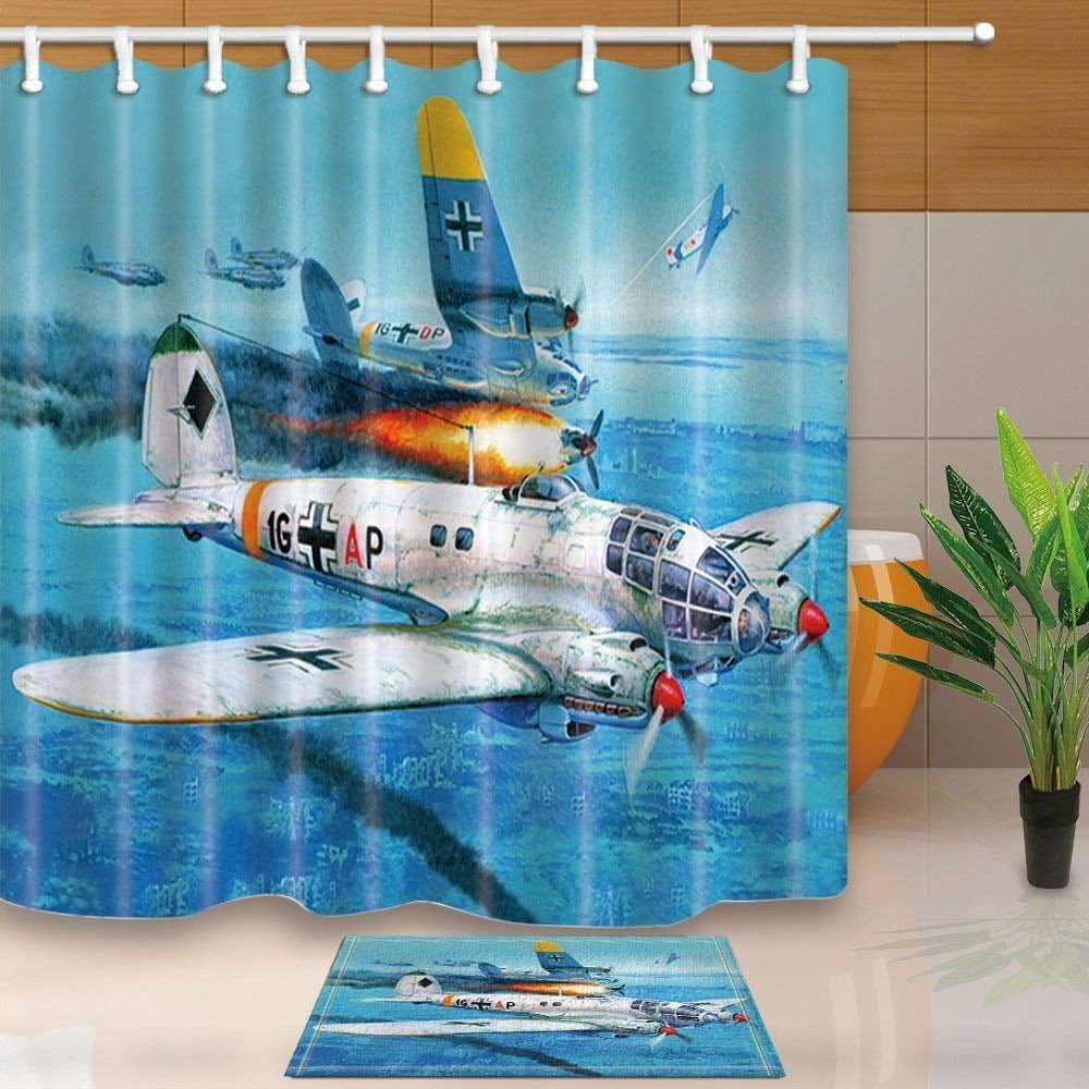 ARTJIA Airplane Bath Curtain Watercolor Fighter Aircraft in the Air