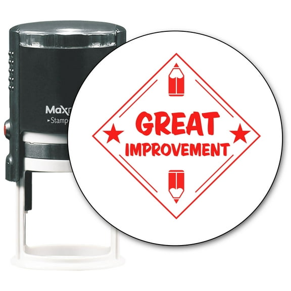 MaxMark Round Teacher Self Inking Stamp - GREAT IMPROVEMENT - Jumbo Series, Style TS311 with Red Ink