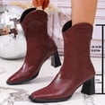 thumbnail image 4 of Wide Mid Calf Cowboy Boots for Women Trendy Leather Square Toe Chunky High Heels Cowgirl Riding Short Boots, 4 of 8