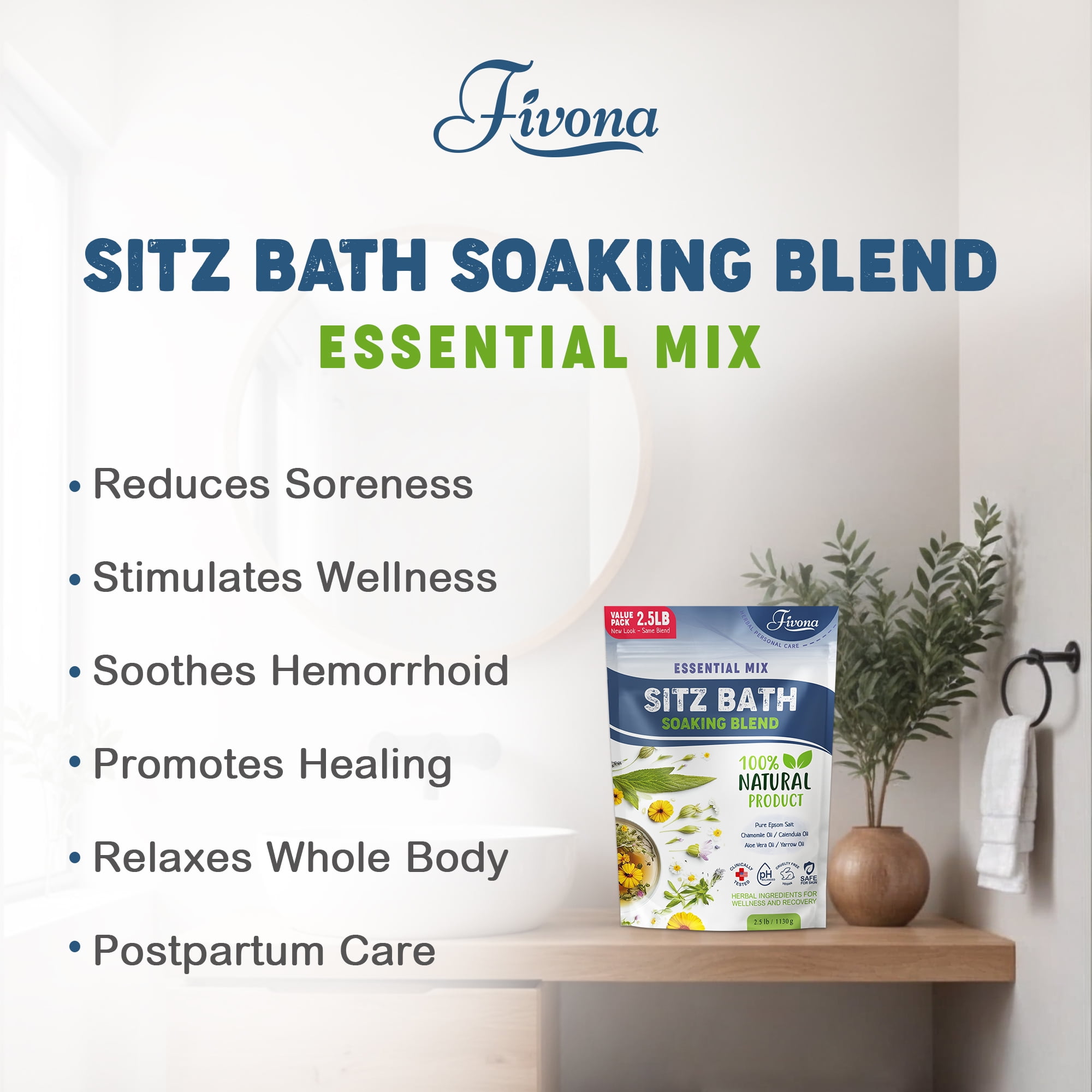 Fivona 40oz Hemorrhoids and Postpartum Care Sitz Bath Soak, Epsom Salt with All Natural Oils for Self Care Bartholin Cyst Treatment, Large Value Pack