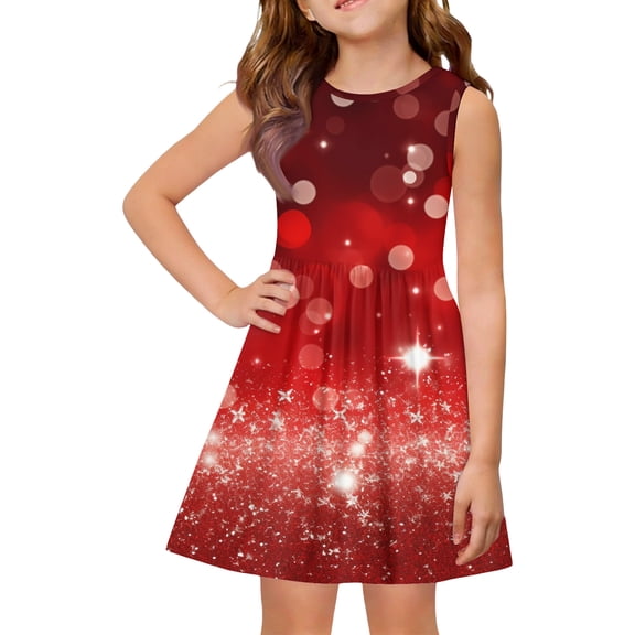 Girls Colorful Printed Tank Dress, Gathered Waist Flowy Sundress for Children Red 150
