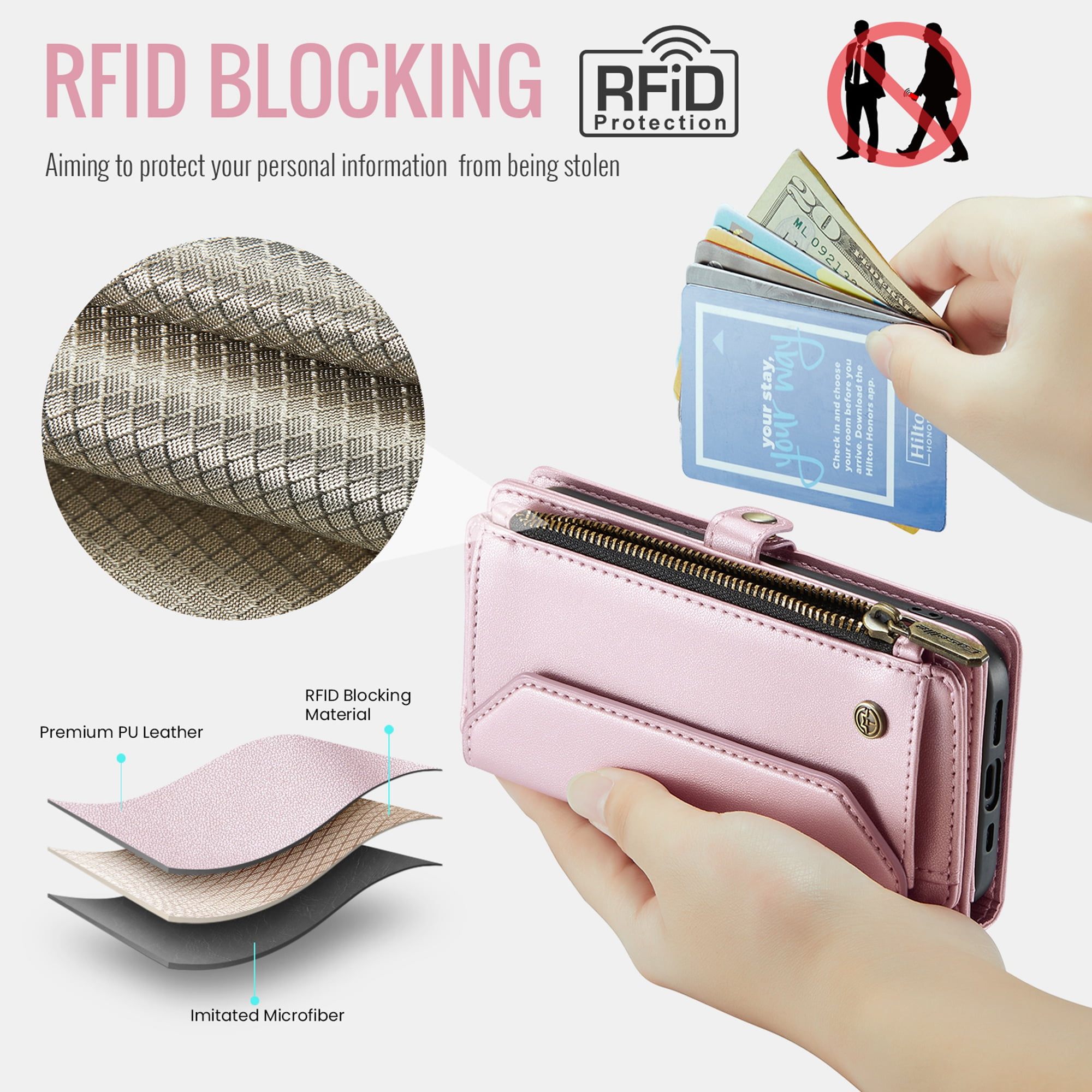 Dteck Crossbody Wallet Case for iPhone 16 RFID Blocking 10-Card Holder Soft PU Leather Magnetic Snap Shoulder Strap Zipper Pocket Phone Case Fit for iPhone 16,Pink