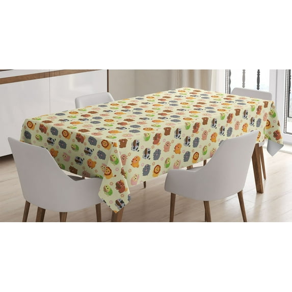 Cartoon Tablecloth, Animals with Simplistic Art Design Lion Bear Bunny Cow with Flowers, Rectangle Satin Table Cover Accent for Dining Room and Kitchen, 60" X 84", Multicolor, by Ambesonne