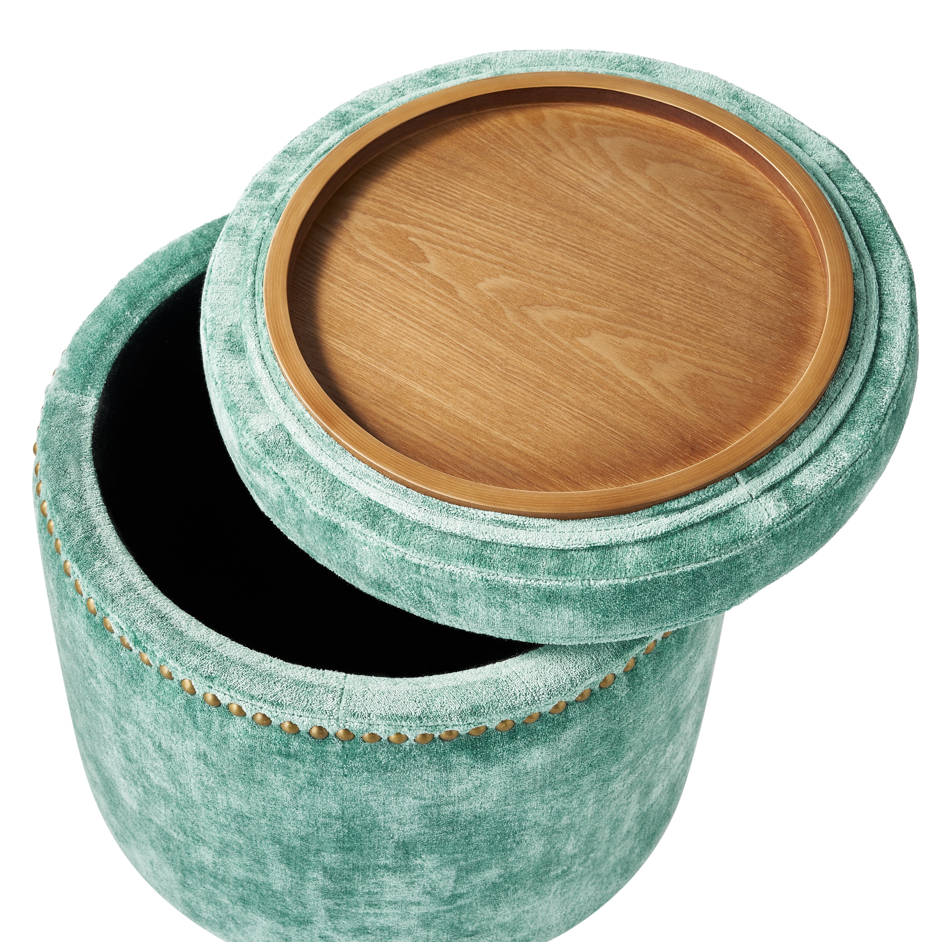 The Pioneer Woman Harper Round Velvet Storage Ottoman, Jade, 17.72 in