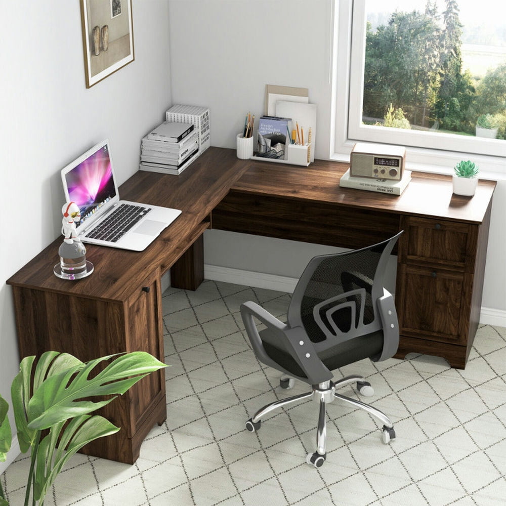 Demi Bonn L-Shaped Office Desk with Storage Drawers and Keyboard Tray, Small Home Computer Desk Study Writing Table, Walnut