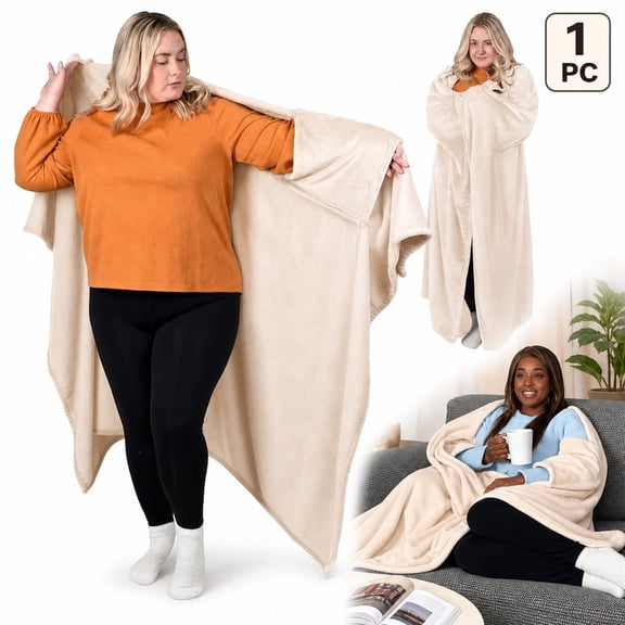 Wearable Blanket with Sleeves, Soft Flannel Cozy Throw Blanket for Sofa and Bed, Adult Wearable Fleece Blanket for Reading and Lounging, Khaki