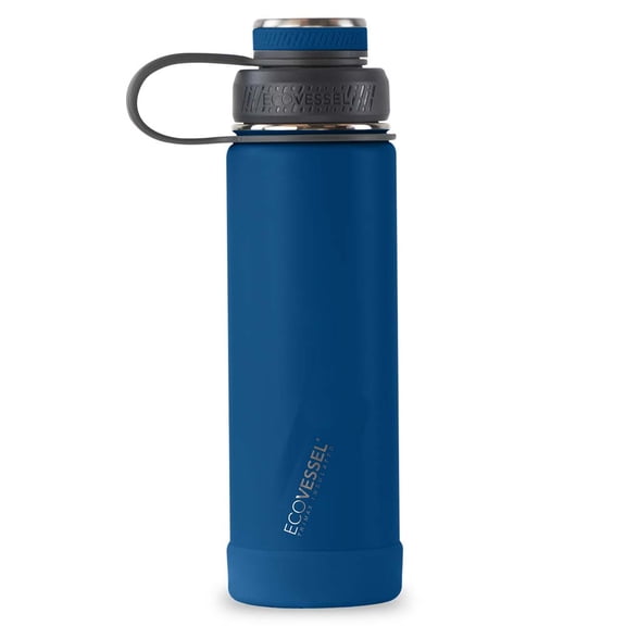 EcoVessel Boulder TriMax® Insulated Stainless Steel Water Bottle with Reflecta™ Insulated Dual Lid, Strainer and Silicone Bottle Bumper – 20 oz (Nightfall Navy)
