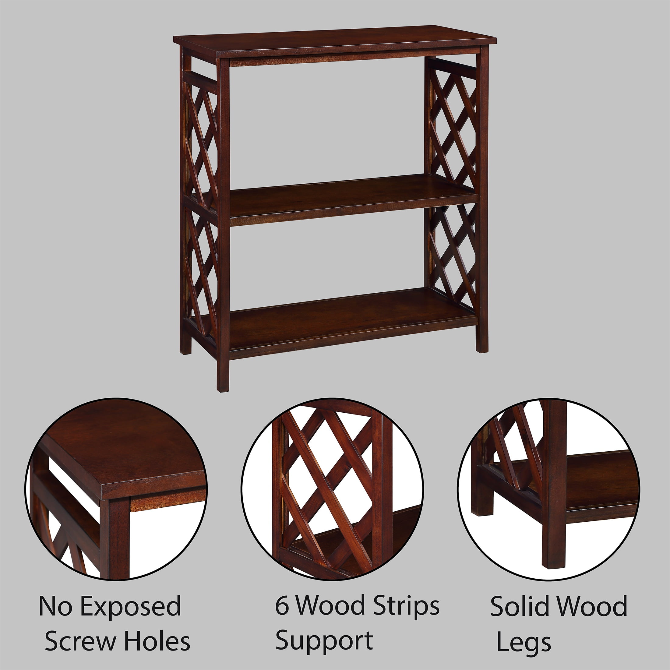 PORKISS 3-Tier Solid Wood Console Table, Entryway Table Hallway Table with Storage Shelves, Open Bookshelf Bookcase for Living Room, Foyer, Cherry