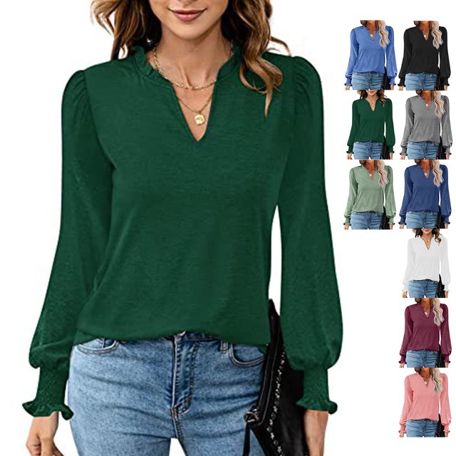 Blusas de manga larga con cuello en V, blusas con volantes y mangas abullonadas para mujer, blusas de moda para mujer, blusas con volantes, máxima confiabilidad