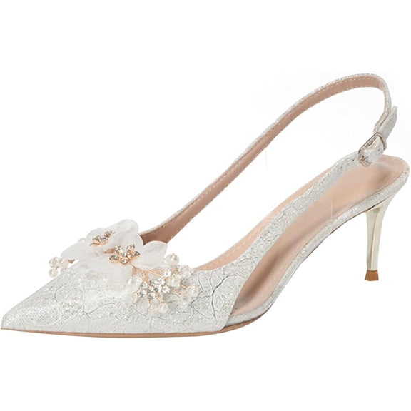 Women Pointed Toe Stiletto High Heels 10CM White Tulle Blossoms Diamonds Pearls Wedding Evening Party