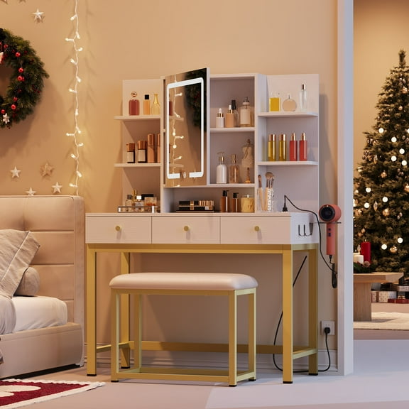 Uforic White Makeup Vanity Desk Set with LED Mirror & Lights, 3 Drawers Storage, Power Outlet, Stool - Modern Bedroom Furniture