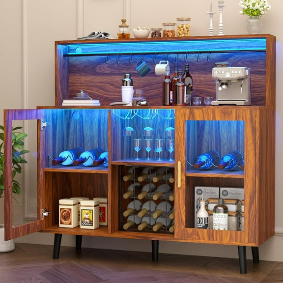 Haverchair Wine Bar Cabinet with LED Light, Coffee Cabinet with Wine Rack and Glass Holder, Home Liquor Cabinet with Adjustable Shelf and Acrylic Door, Buffet Sideboard for Kitchen, Living Room
