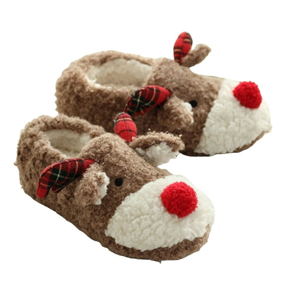 Christmas Reindeer Fuzzy Slippers for Women Cute Animal Shape Holiday Slip on House Shoes Anti-Slip Winter Loafers Brown 7