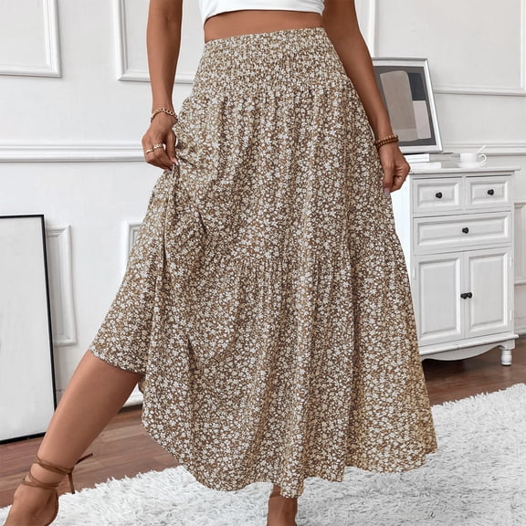 Women's High Elastic Waist Midi Skirt Casual Summer Trendy Tie Front Flowy Ruffle Floral Print A line Skirts