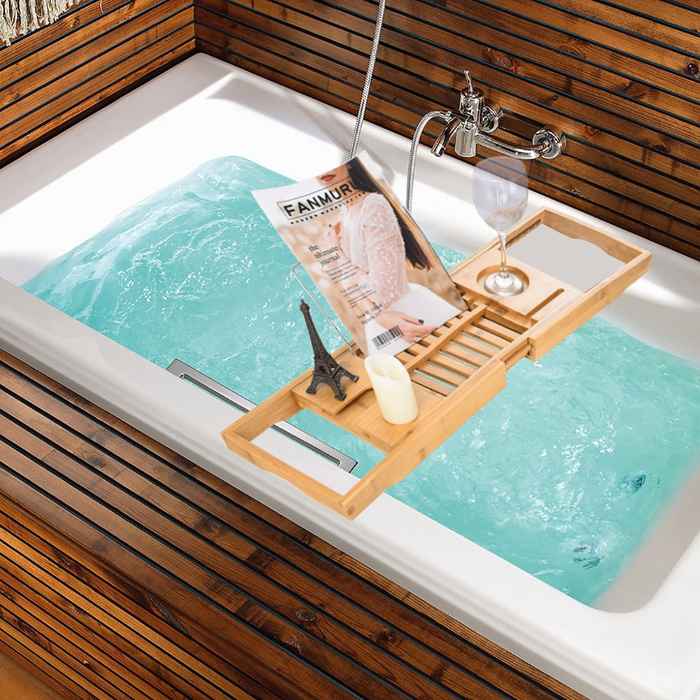 Aquaa Life Bamboo Bathtub Caddy Tray-Extendable Tray with Wine Phone Book Holder