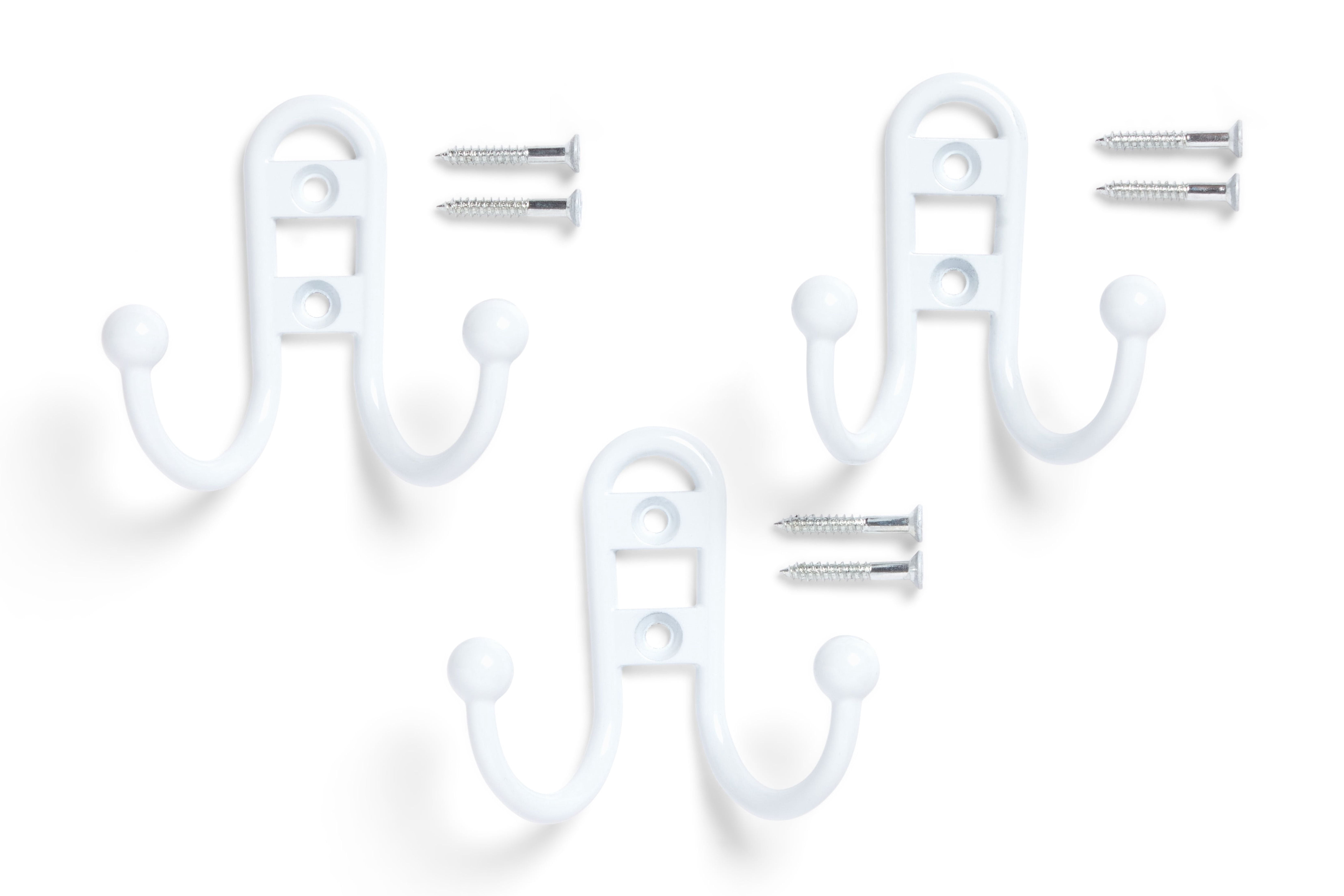 (4 pack) Mainstays, Double Hook White Metal Hooks, Clutter-Free Hooks for Hanging Towels and Coats, 10 lbs Capacity, 3 Pack